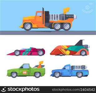 Fast trucks. Fuel moving sport vehicles acceleration nitrous oxide fire flame shapes garish vector fast cars collection in flat style. Race auto truck, speed vehicle illustration collection. Fast trucks. Fuel moving sport vehicles acceleration nitrous oxide fire flame shapes garish vector fast cars collection in flat style