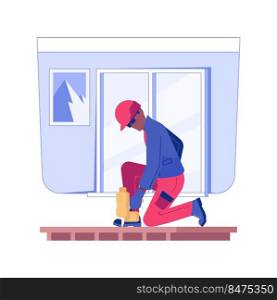 Fasten floor underlayment isolated concept vector illustration. Repairman with a drill installing a floor, wooden parquet, rough interior works, residential construction vector concept.. Fasten floor underlayment isolated concept vector illustration.