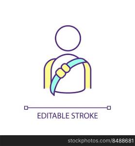 Fasten seat belt RGB color icon. Safety harness. Driving security. Injury prevention. Vehicle device. Isolated vector illustration. Simple filled line drawing. Editable stroke. Arial font used. Fasten seat belt RGB color icon