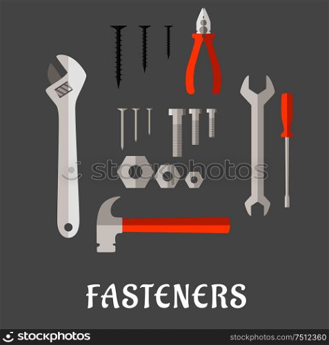 Fasteners and tools flat icons with screws, nails, bolts and nuts, hammer, wrench, screwdriver, pliers and adjustable spanner on gray background. Fasteners and tools flat icons