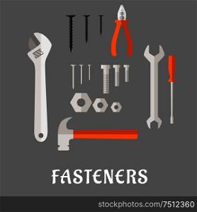 Fasteners and tools flat icons with screws, nails, bolts and nuts, hammer, wrench, screwdriver, pliers and adjustable spanner on gray background. Fasteners and tools flat icons