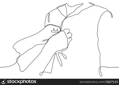 fastening buttons on a shirt to someone. one line drawing of one person's hand buttoning the buttons on another's shirt. Help concept for disabled people, people with disabilities or children