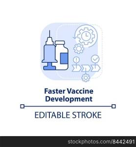 Faster vaccine development light blue concept icon. Pandemic prevention abstract idea thin line illustration. Isolated outline drawing. Editable stroke. Arial, Myriad Pro-Bold fonts used. Faster vaccine development light blue concept icon