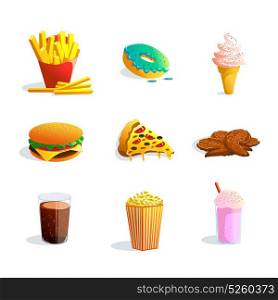 Fastfood Cartoon Set. Fastfood cartoon icons set with ice cream popcorn pizza hamburger fried potato donut products flat vector illustration