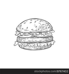 Fastfood cheeseburger isolated takeaway food monochrome sketch icon. Vector fastfood takeaway snack, street food burger with meat. Hamburger with sesame bun, cheese and beef meat, lettuce leaves.. Cheeseburger fastfood snack isolate hamburger icon