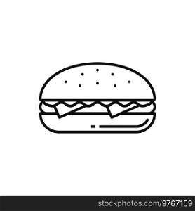 Fastfood cheeseburger isolated takeaway food outline icon. Vector line art hamburger with sesame bun, cheese and beef meat, lettuce leaves. Fastfood takeaway snack, street food burger with meat. Cheeseburger fastfood snack hamburger outline icon
