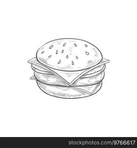Fastfood cheeseburger, veggies and chop isolated monochrome sketch. Vector burger, bun with seed. Burger, cheeseburger or hamburger isolated sketch