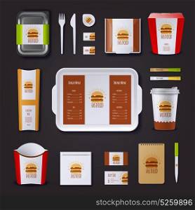 Fastfood Corporate Identity . Fastfood corporate identity with set of packaging and tray visit cards notepad and pen isolated vector illustration