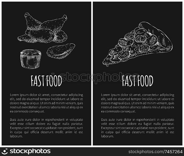 Fastfood flyers with fried chicken naggets and dip sauce jar, cheese crispy pizza vector sketches. Hand-drawn common american snacks with text sample.. Chicken Naggets and Crispy Pizza Snacks on Black