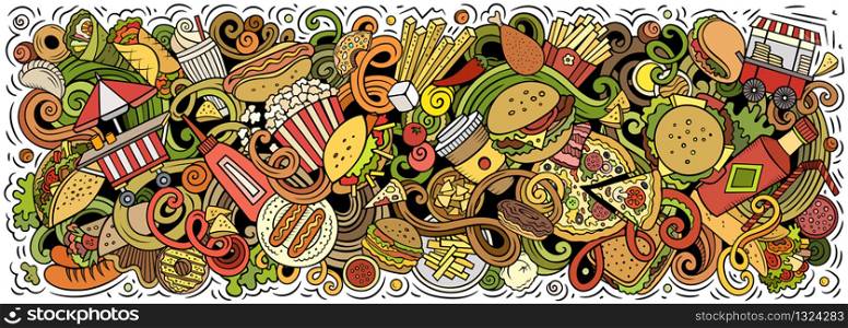Fastfood hand drawn cartoon doodles illustration. Fast food funny objects and elements poster design. Creative art background. Colorful vector banner. Fastfood hand drawn cartoon doodles illustration. Colorful vector banner