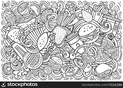 Fastfood hand drawn cartoon doodles illustration. Fast food funny objects and elements poster design. Creative art background. Sketch vector banner. Fastfood hand drawn cartoon doodles illustration. Colorful vector banner