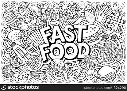 Fastfood hand drawn cartoon doodles illustration. Fast food funny objects and elements poster design. Creative art background. Line art vector banner. Fastfood hand drawn cartoon doodles illustration. Colorful vector banner