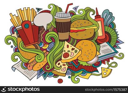 Fastfood hand drawn cartoon doodles illustration. Funny food design. Creative art vector background. Fast food symbols, elements and objects. Colorful composition. Fastfood hand drawn cartoon doodles illustration. Funny food design