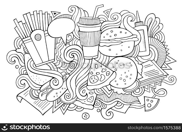 Fastfood hand drawn cartoon doodles illustration. Funny food design. Creative art vector background. Fast food symbols, elements and objects. Sketchy composition. Fastfood hand drawn cartoon doodles illustration. Funny food design