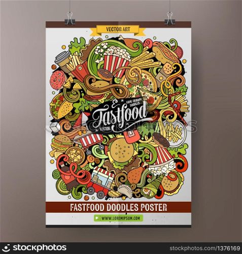 Fastfood hand drawn doodles illustration. Fast food objects and elements cartoon doodle background. Vector color poster design template. Fastfood illustration. Fast food objects and elements cartoon doodle poster