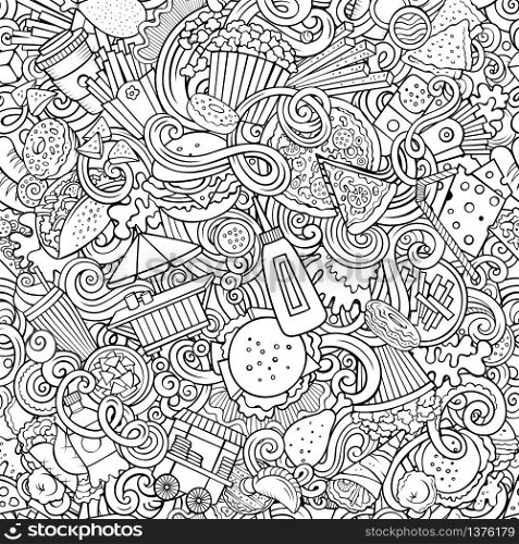 Fastfood hand drawn doodles seamless pattern. Fast food background. Cartoon fabric print design. Sketchy vector illustration. All objects are separate.. Fastfood hand drawn doodles seamless pattern. Fast food background