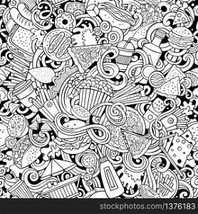 Fastfood hand drawn doodles seamless pattern. Fast food background. Cartoon fabric print design. Sketchy vector illustration. All objects are separate.. Fastfood hand drawn doodles seamless pattern. Fast food background