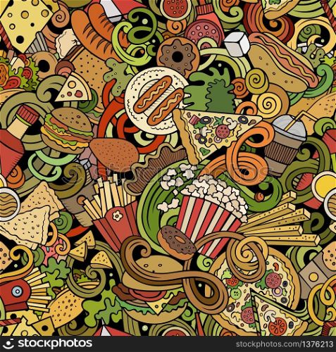 Fastfood hand drawn doodles seamless pattern. Fast food background. Cartoon fabric print design. Colorful vector illustration. All objects are separate.. Fastfood hand drawn doodles seamless pattern. Fast food background