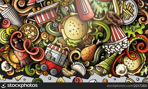 Fastfood hand drawn vector doodles illustration. Fast food banner design. Unhealthy elements and objects cartoon background. Bright colors funny picture. All items are separated. Fastfood hand drawn vector doodles illustration. Fast food banner design.