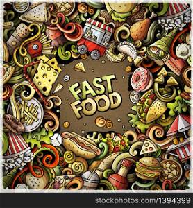 Fastfood hand drawn vector doodles illustration. Fast food frame card design. Unhealthy elements and objects cartoon background. Bright colors funny border. All items are separated. Fastfood hand drawn vector doodles illustration. Fast food frame card design