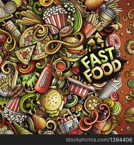 Fastfood hand drawn vector doodles illustration. Fast food frame card design. Unhealthy elements and objects cartoon background. Bright colors funny border. All items are separated. Fastfood hand drawn vector doodles illustration. Fast food frame card design