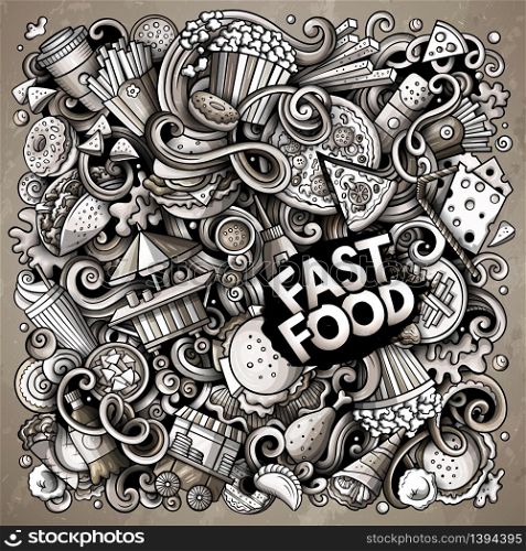 Fastfood hand drawn vector doodles illustration. Fast food poster design. Unhealthy elements and objects cartoon background. Monochrome funny picture. All items are separated. Fastfood hand drawn vector doodles illustration. Fast food poster design.