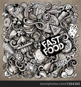 Fastfood hand drawn vector doodles illustration. Fast food poster design. Unhealthy elements and objects cartoon background. Monochrome funny picture. All items are separated. Fastfood hand drawn vector doodles illustration. Fast food poster design.