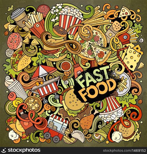 Fastfood hand drawn vector doodles illustration. Fast food poster design. Unhealthy elements and objects cartoon background. Bright colors funny picture. All items are separated. Fastfood hand drawn vector doodles illustration. Fast food poster design.