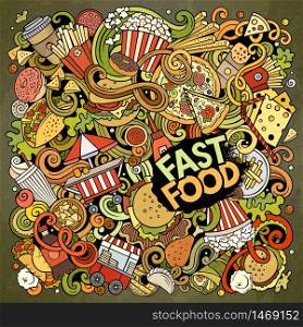 Fastfood hand drawn vector doodles illustration. Fast food poster design. Unhealthy elements and objects cartoon background. Bright colors funny picture. All items are separated. Fastfood hand drawn vector doodles illustration. Fast food poster design.
