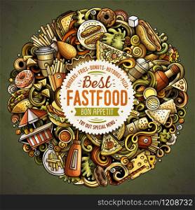 Fastfood hand drawn vector doodles round illustration. Fast food poster design. Unhealthy elements and objects cartoon background. Bright colors funny picture. All items are separated. Fastfood hand drawn vector doodles round illustration. Fast food poster design