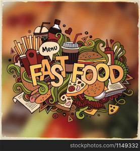 Fastfood hand lettering and doodles elements and symbols emblem. Vector blurred background. Fastfood hand lettering and doodles elements