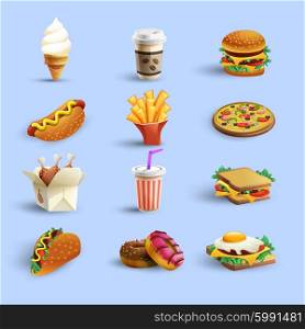 Fastfood Icons Cartoon Set. Fast food restaurant menu icons collection with donut hotdog coffee and cheeseburger abstract color isolated vector illustration