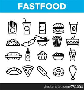 Fastfood Linear Vector Icons Set. Fastfood Thin Line Contour Symbols Pack. Junk Food Pictograms Collection. Unhealthy Snacks, Quick Meal, Street Food. Hamburger, French fries Outline Illustrations. Fastfood Linear Vector Icons Set Thin Pictogram