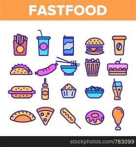 Fastfood Linear Vector Icons Set. Fastfood Thin Line Contour Symbols Pack. Junk Food Pictograms Collection. Unhealthy Snacks, Quick Meal, Street Food. Hamburger, French fries Outline Illustrations. Fastfood Linear Vector Icons Set Thin Pictogram