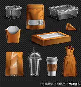 Fastfood packages realistic set with cup paper bags and containers dark transparent background isolated vector illustration. Fastfood Takeaway Packaging Realistic Set