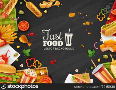 Fastfood restaurant colorful frame black background poster with popcorn mustard saus hotdogs and ice-cream vector illustration . Fast Food Black Background Poster