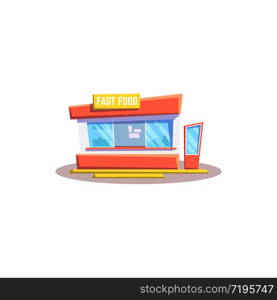 Fastfood restaurant exterior isolated street food local store. Vector small urban retail shop with takeout food, glass construction with shop-window and door, house selling takeaway dishes. Restaurant of fast food isolated flat local cafe