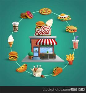 Fastfood Restaurant Pictograms Circle Composition Banner. Fast food restaurant concept with circle flat pictograms of french-fry hamburger and hotdog background poster abstract vector illustration