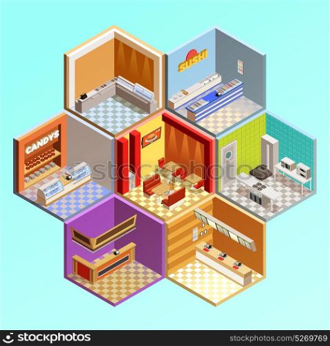 Fastfood Restaurant Tesselar Composition. Food court composition with seven isometric cafe restaurant room interiors in tesselar pattern candys sushi bar vector illustration