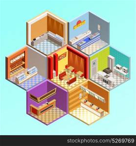 Fastfood Restaurant Tesselar Composition. Food court composition with seven isometric cafe restaurant room interiors in tesselar pattern candys sushi bar vector illustration