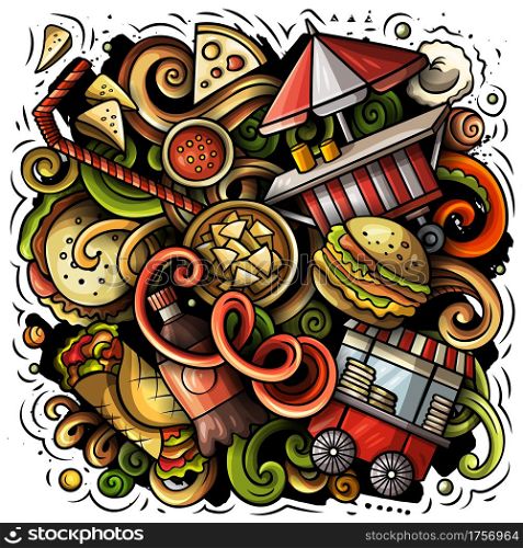 Fastfood vector doodles illustration. Fast food design. Unhealthy food elements and objects cartoon background. Bright colors funny picture. All items are separated. Fastfood hand drawn vector doodles illustration.