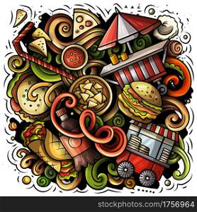 Fastfood vector doodles illustration. Fast food design. Unhealthy food elements and objects cartoon background. Bright colors funny picture. All items are separated. Fastfood hand drawn vector doodles illustration.