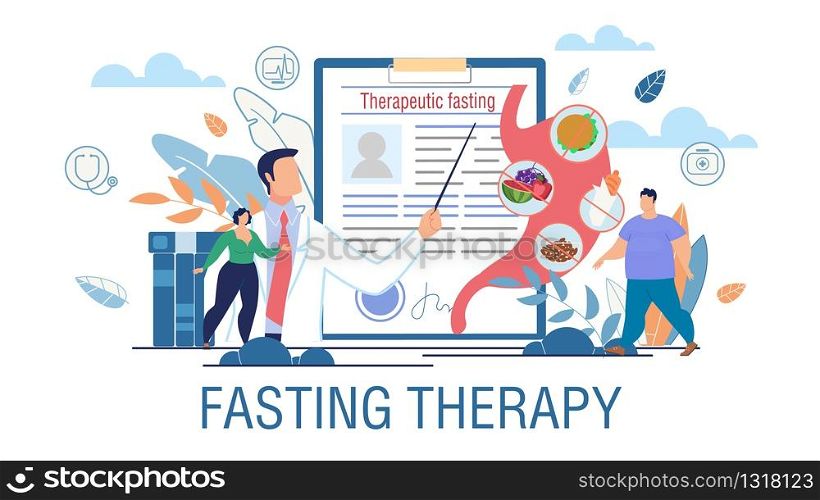 Fasting Therapy Obesity Treatment Promotion Poster. Vector Cartoon Overweight Man and Woman at Doctor Consultation. Specialist Nutritionist Offering Therapeutical Hunger Cure Illustration. Fasting Therapy Obesity Treatment Promotion Poster