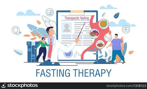 Fasting Therapy Obesity Treatment Promotion Poster. Vector Cartoon Overweight Man and Woman at Doctor Consultation. Specialist Nutritionist Offering Therapeutical Hunger Cure Illustration. Fasting Therapy Obesity Treatment Promotion Poster