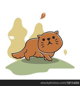 Fat Adorable Persian Cat Walking Autumn Fall Season Cartoon