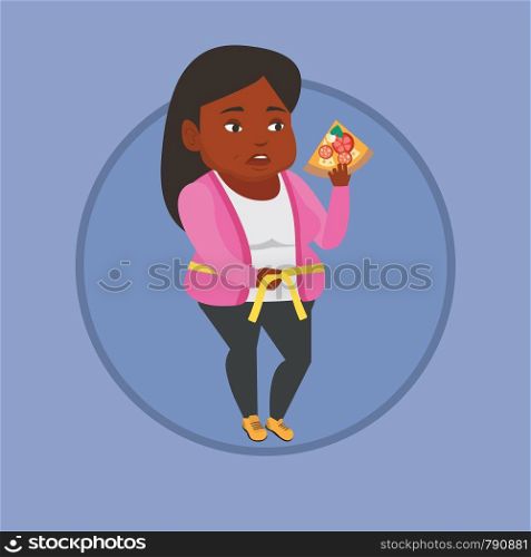 Fat african woman with slice of pizza in hand measuring a waistline. Fat woman eating pizza and measuring a waistline with tape. Vector flat design illustration in the circle isolated on background.. Woman measuring waist vector illustration.