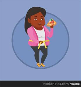 Fat african woman with slice of pizza in hand measuring a waistline. Fat woman eating pizza and measuring a waistline with tape. Vector flat design illustration in the circle isolated on background.. Woman measuring waist vector illustration.