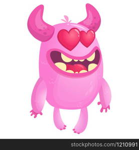 Fat and silly cartoon pink monster in love with heart shaped eyes