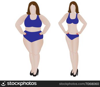 Fat and slim girl. Weight loss obesity slimming before and after fitness. Vector illustration