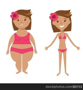 Fat and slim girls. Fat and slim girls on white background. Sadly thick woman and happy slender woman. Before and after. Weight loss concept. Vector illustration